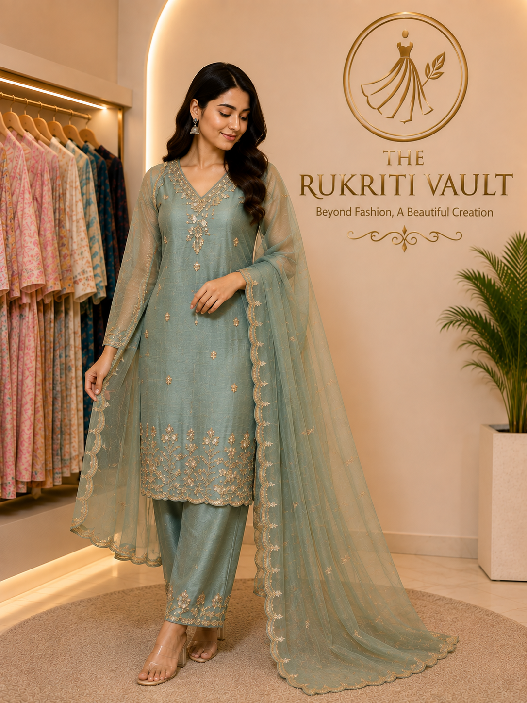 Sage Green Handwork 3-Piece Suit in Cosmo Silk