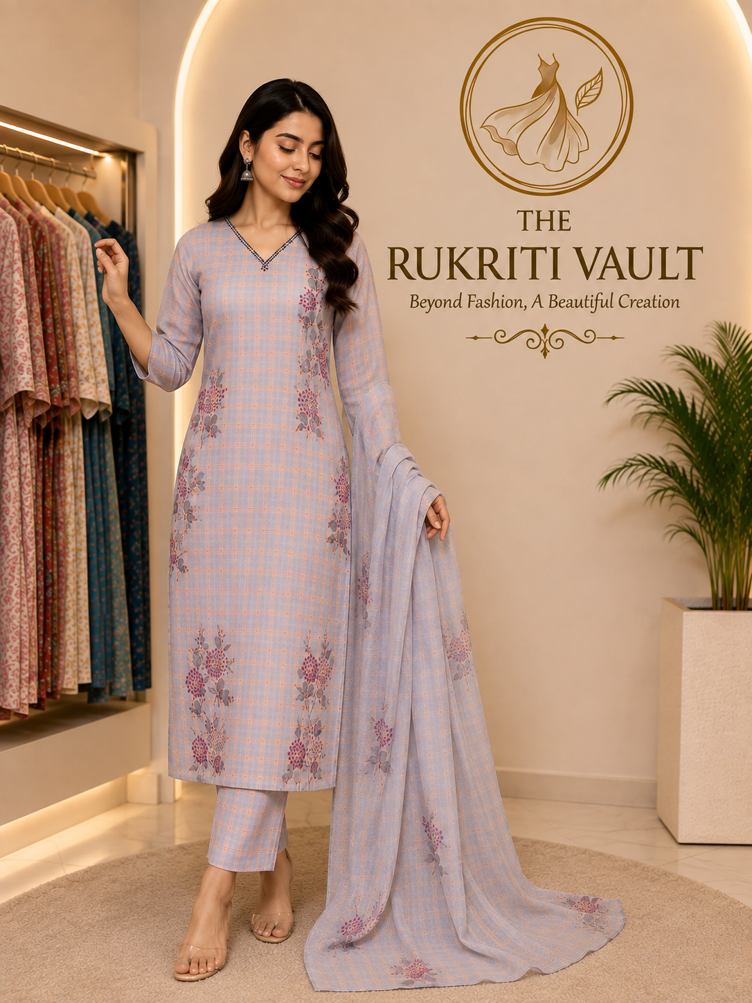 Powder Blue Floral Printed Tissue Silk 3-Piece Suit