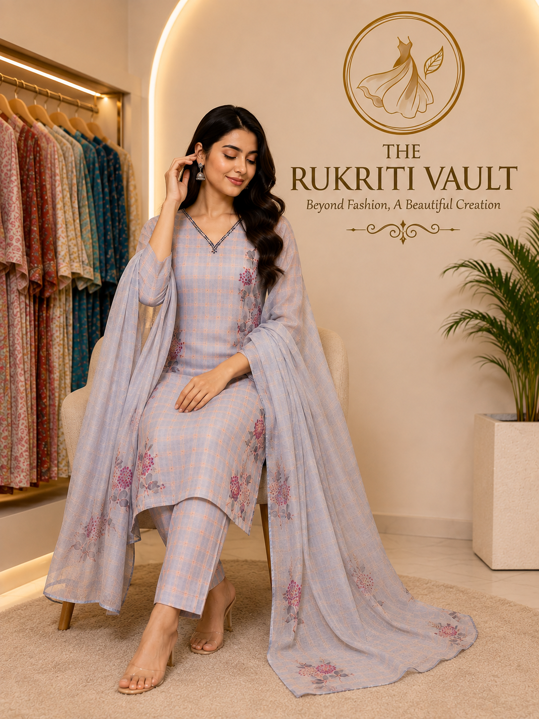 Powder Blue Floral Printed Tissue Silk 3-Piece Suit