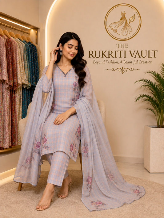 Powder Blue Floral Printed Tissue Silk 3-Piece Suit
