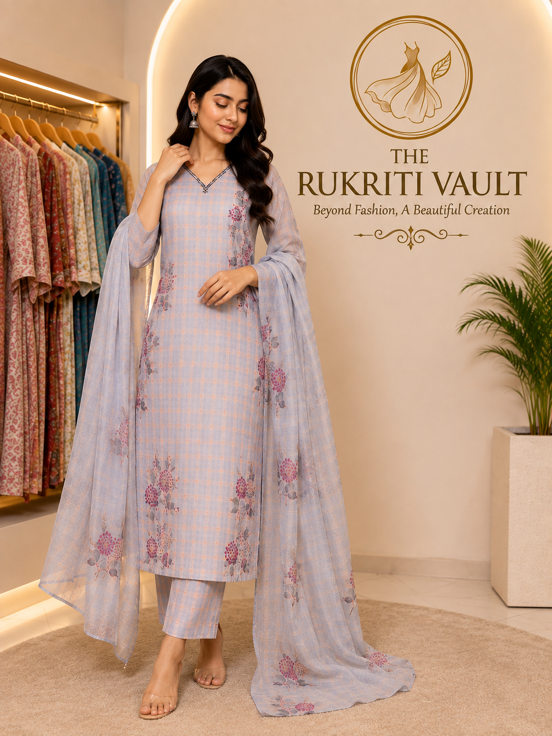 Powder Blue Floral Printed Tissue Silk 3-Piece Suit