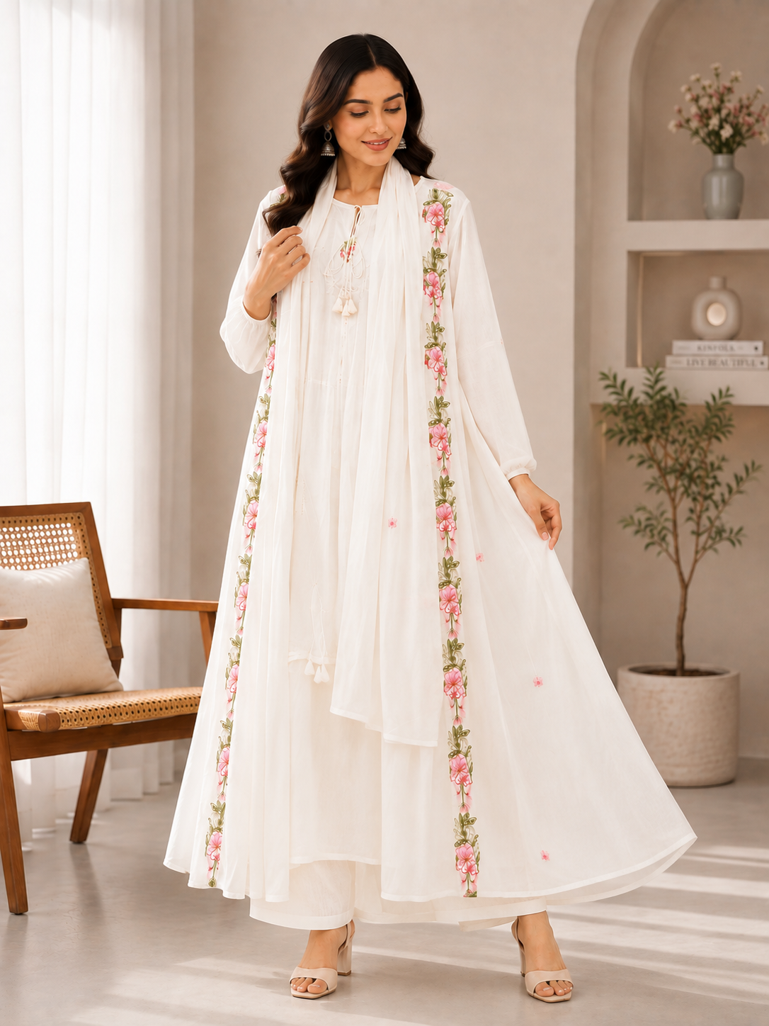 White Floral Embroidered Fork-Style 3-Piece Suit