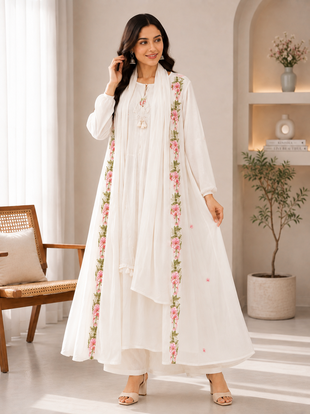 White Floral Embroidered Fork-Style 3-Piece Suit
