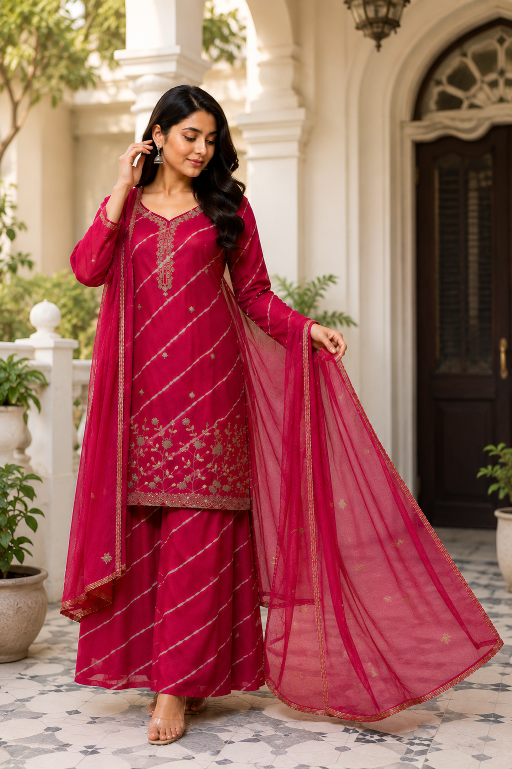 Wine Leriya Sharara Set with Embroidered Kurta & Dupatta