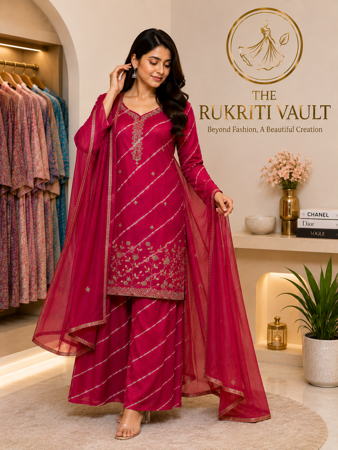 Wine Leriya Sharara Set with Embroidered Kurta & Dupatta