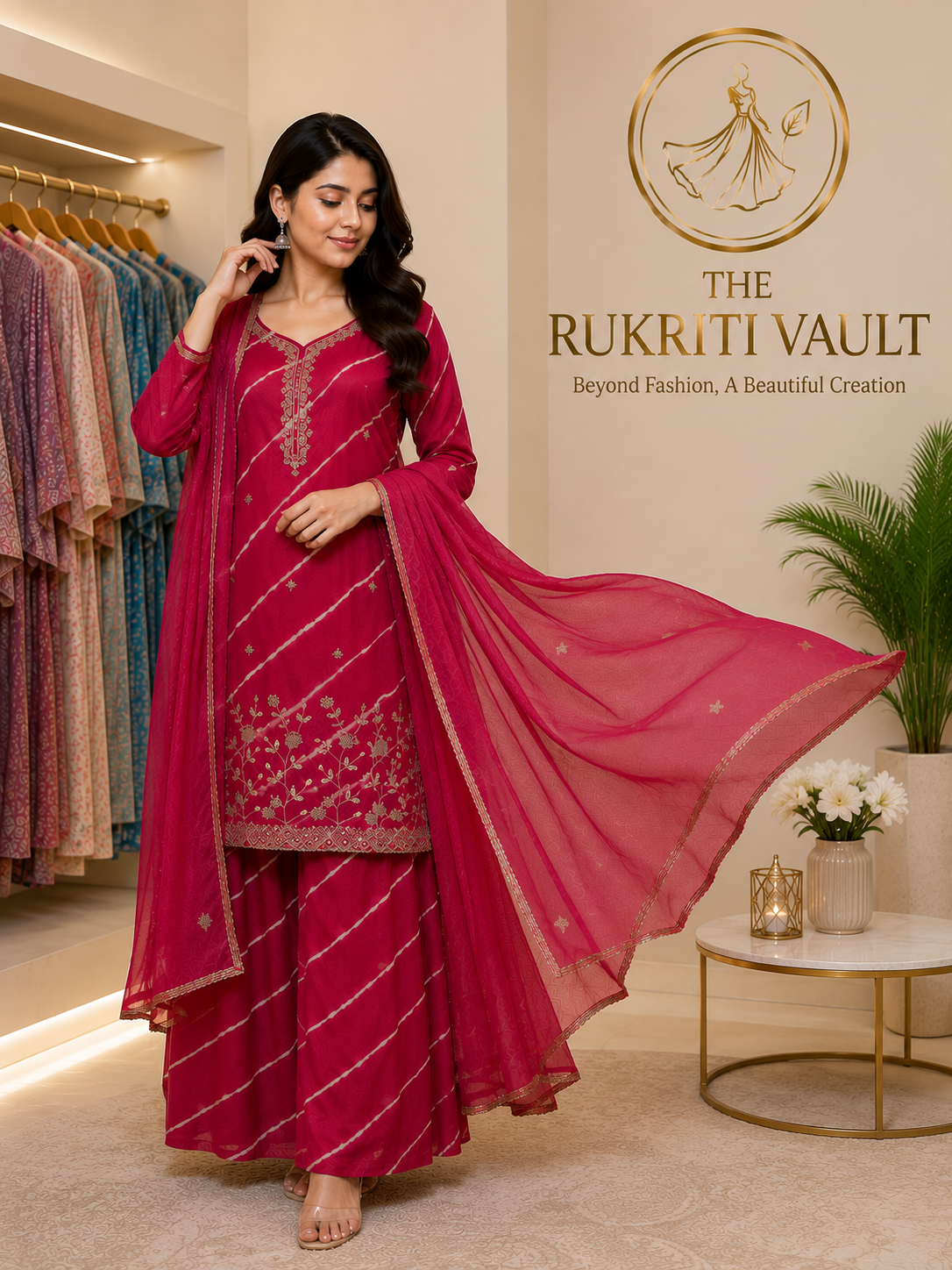 Wine Leriya Sharara Set with Embroidered Kurta & Dupatta