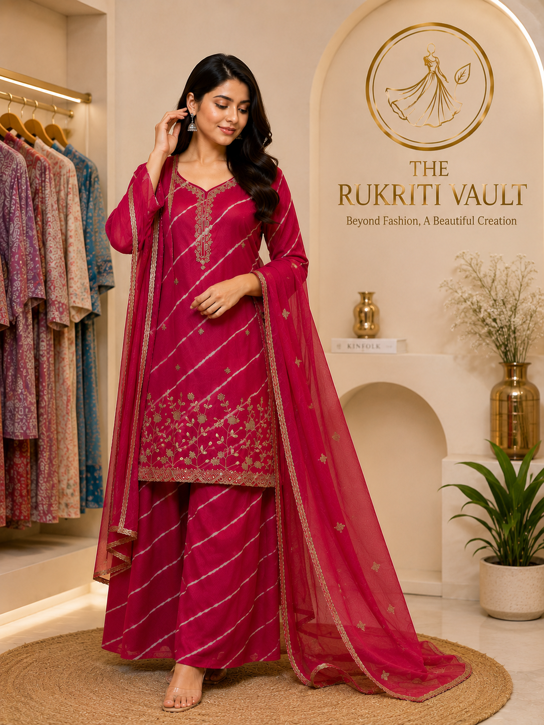 Wine Leriya Sharara Set with Embroidered Kurta & Dupatta