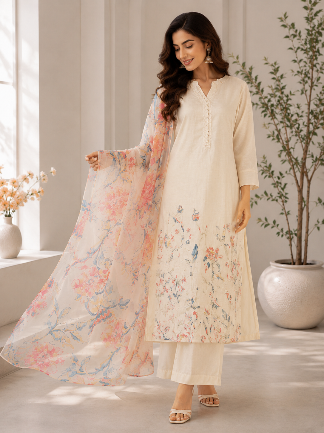 Ivory Floral Thread Work 3-Piece Suit in Glace Cotton
