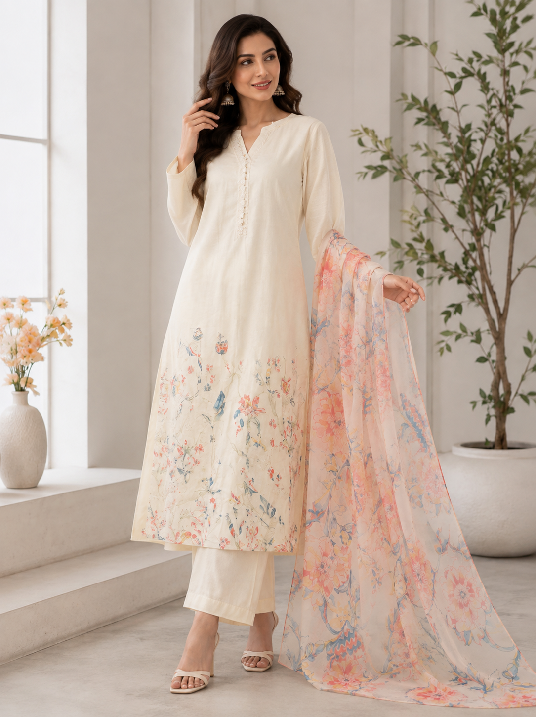 Ivory Floral Thread Work 3-Piece Suit in Glace Cotton