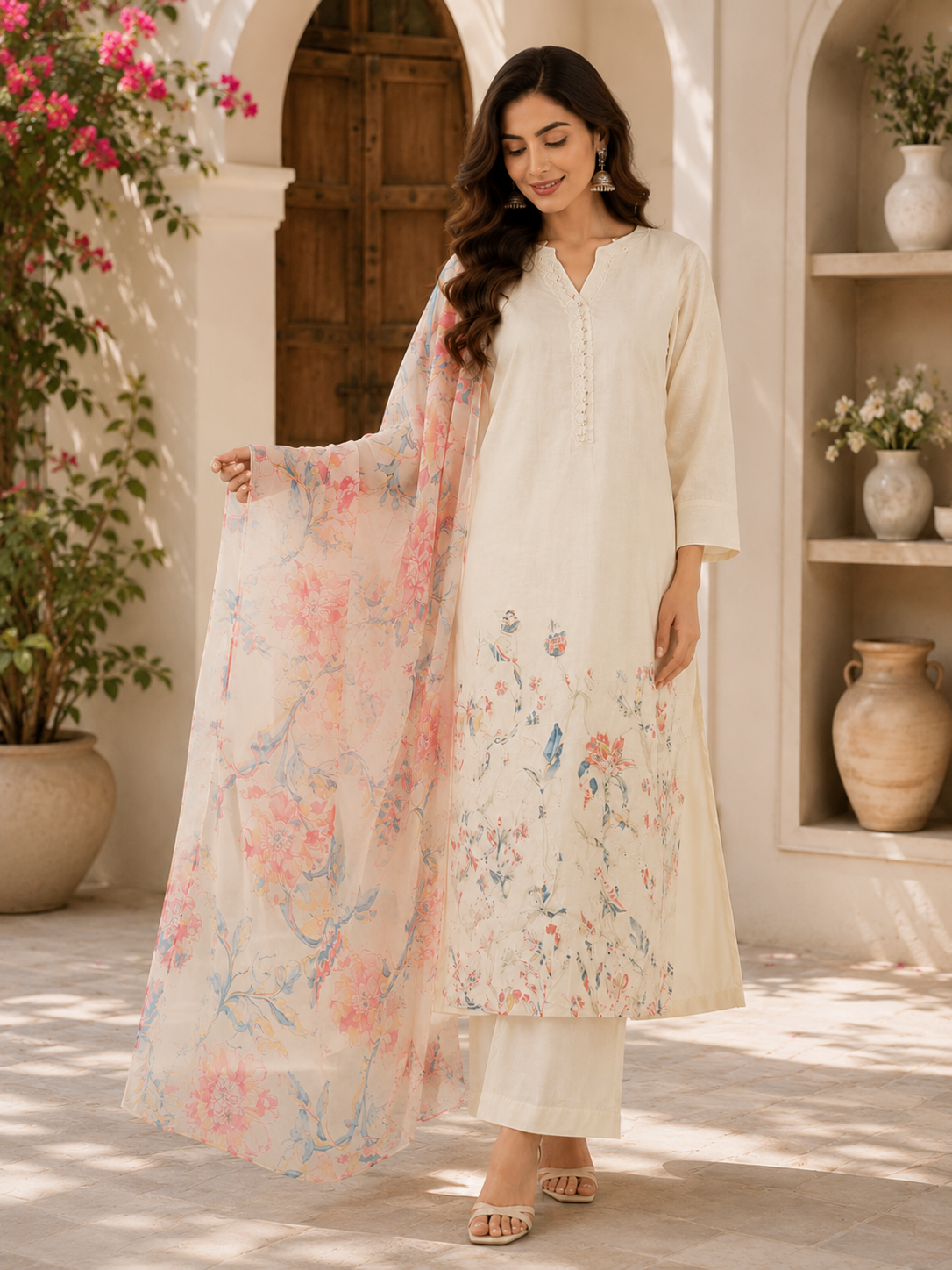 Ivory Floral Thread Work 3-Piece Suit in Glace Cotton
