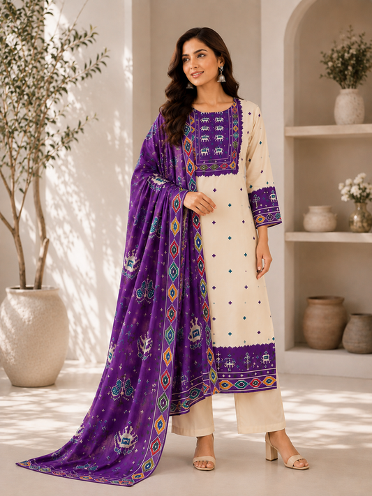 Purple & Ivory Patola Pattern Cotton 3-Piece Suit