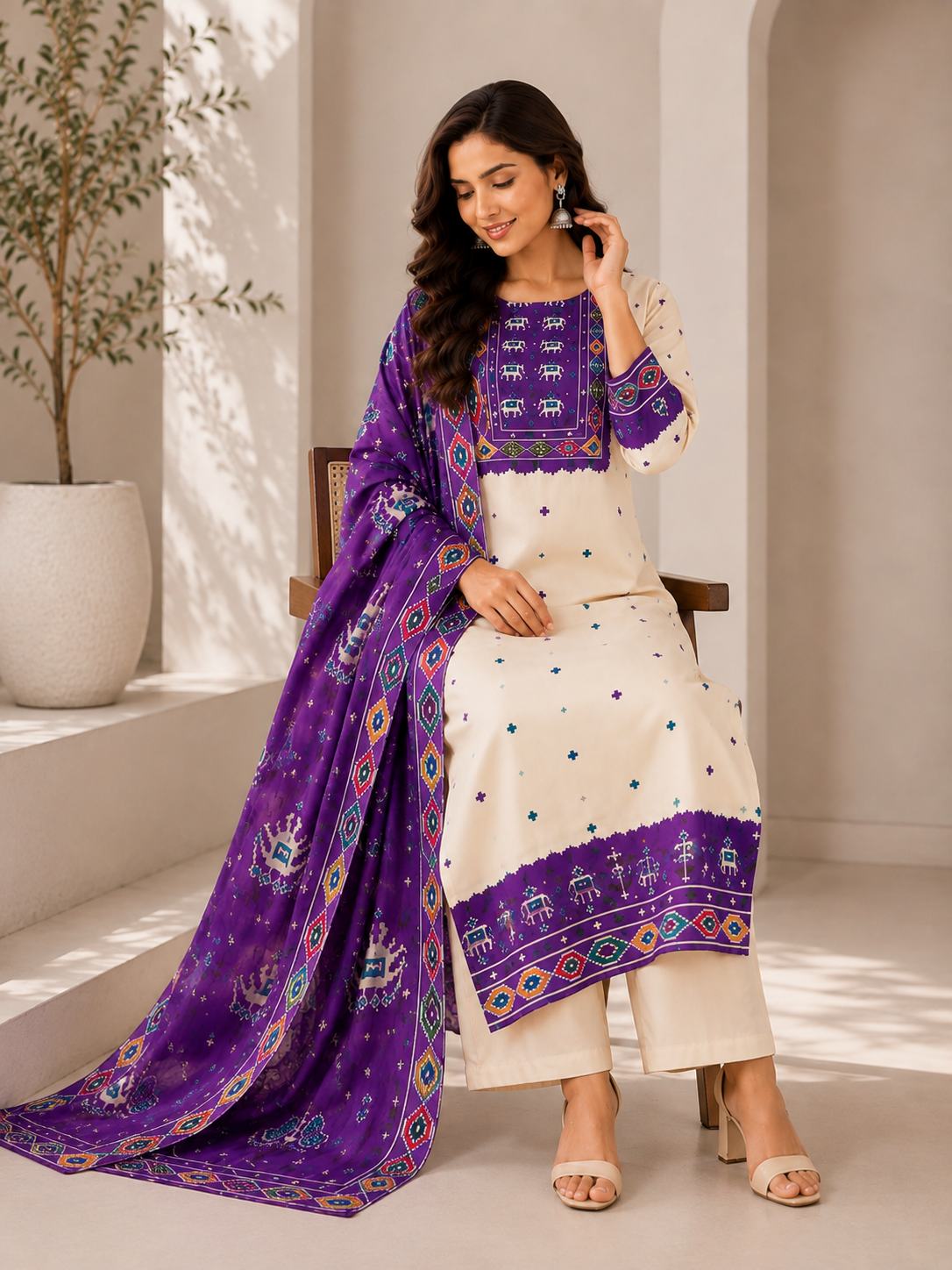 Purple & Ivory Patola Pattern Cotton 3-Piece Suit
