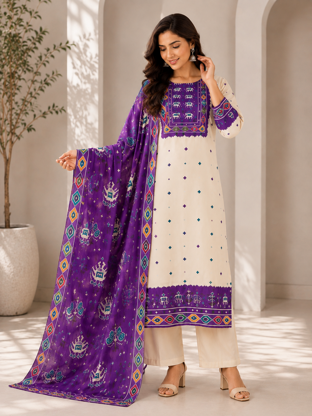 Purple & Ivory Patola Pattern Cotton 3-Piece Suit