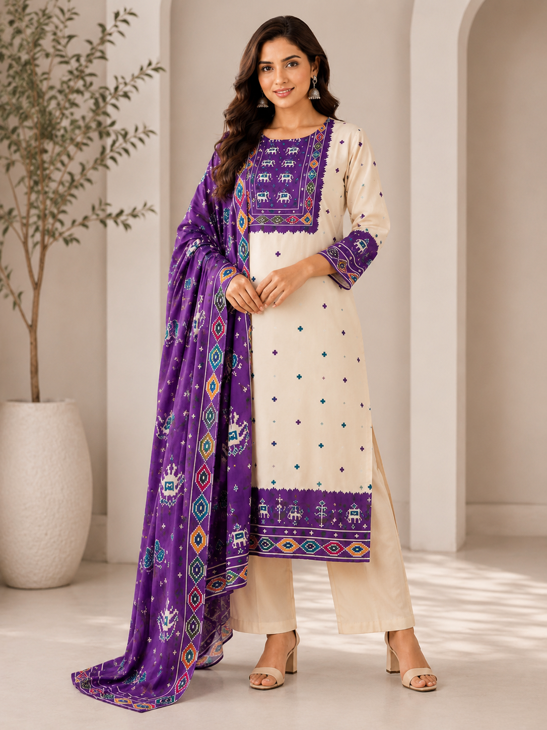 Purple & Ivory Patola Pattern Cotton 3-Piece Suit