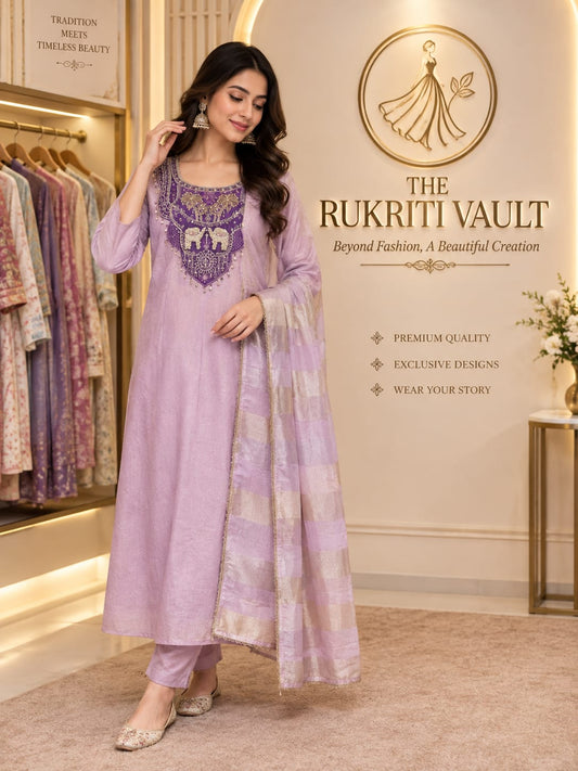 Lavender Fork-Style 3-Piece Suit with Knot & Sequin Work