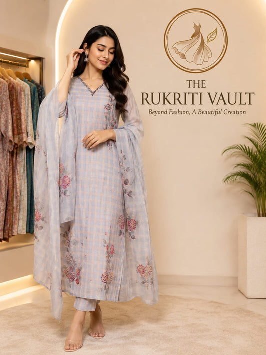 Powder Blue Floral Printed Tissue Silk 3-Piece Suit