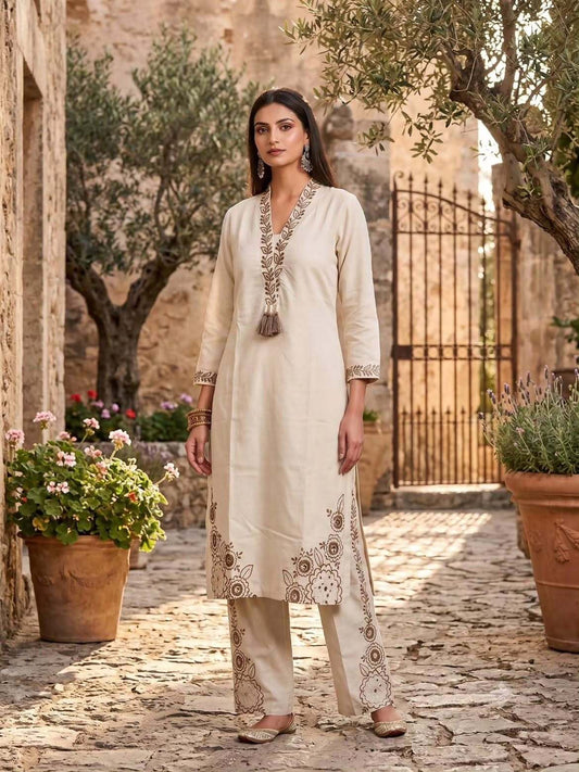 White Floral Embroidered Long Co-ord Set in Khadi Cotton